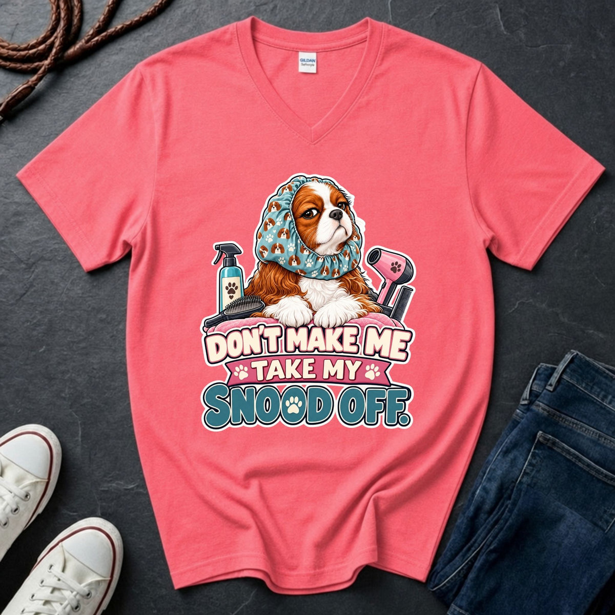 Cavalier King Charles Spaniel Snood V-Neck Shirt — Don't Make Me Take My Snood Off — Gildan Softstyle
