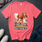 Cavalier King Charles Spaniel show dog illustration on "That Judge Clearly Hasn't Seen Me Yet" V-neck t-shirt in Coral Silk