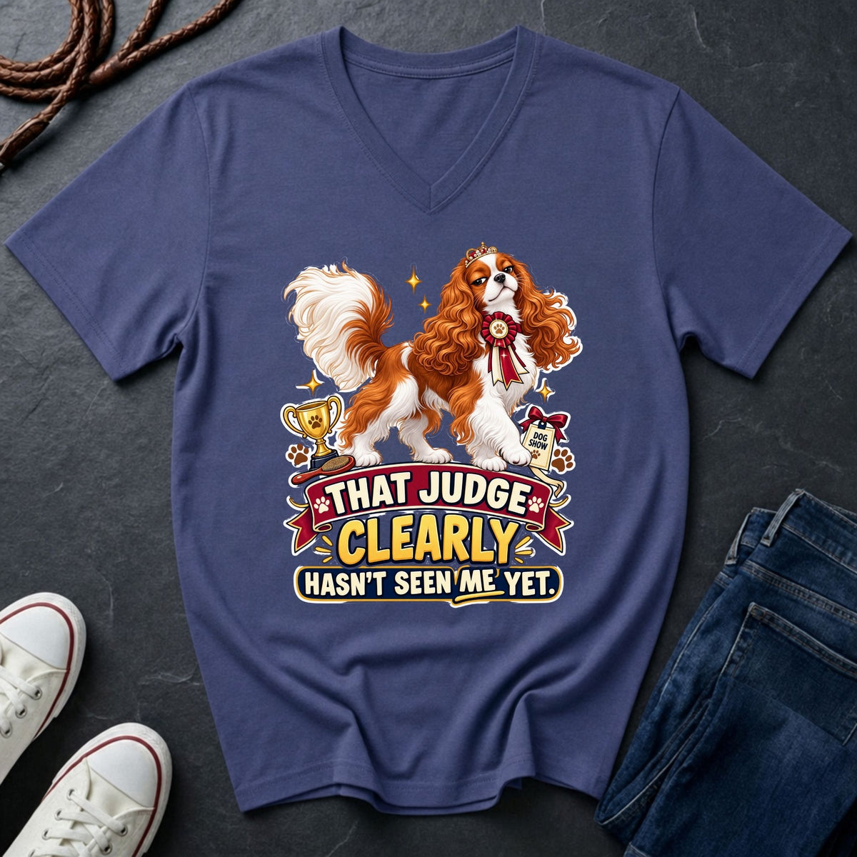 Cavalier King Charles Spaniel show dog illustration on "That Judge Clearly Hasn't Seen Me Yet" V-neck t-shirt in Purple