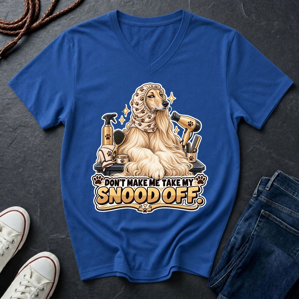 Afghan Hound wearing a grooming snood illustration on "Don't Make Me Take My Snood Off" V-neck t-shirt in Royal Blue