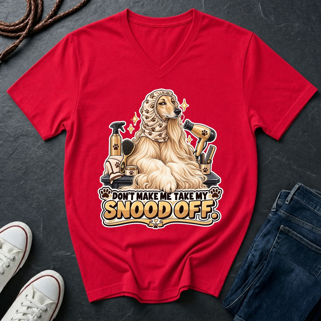 Afghan Hound wearing a grooming snood illustration on "Don't Make Me Take My Snood Off" V-neck t-shirt in red