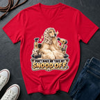 Afghan Hound wearing a grooming snood illustration on "Don't Make Me Take My Snood Off" V-neck t-shirt in red