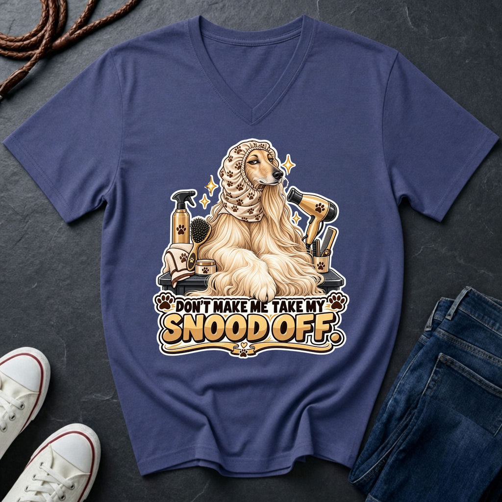 Afghan Hound wearing a grooming snood illustration on "Don't Make Me Take My Snood Off" V-neck t-shirt in purple