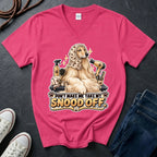 Afghan Hound wearing a grooming snood illustration on "Don't Make Me Take My Snood Off" V-neck t-shirt in heliconia