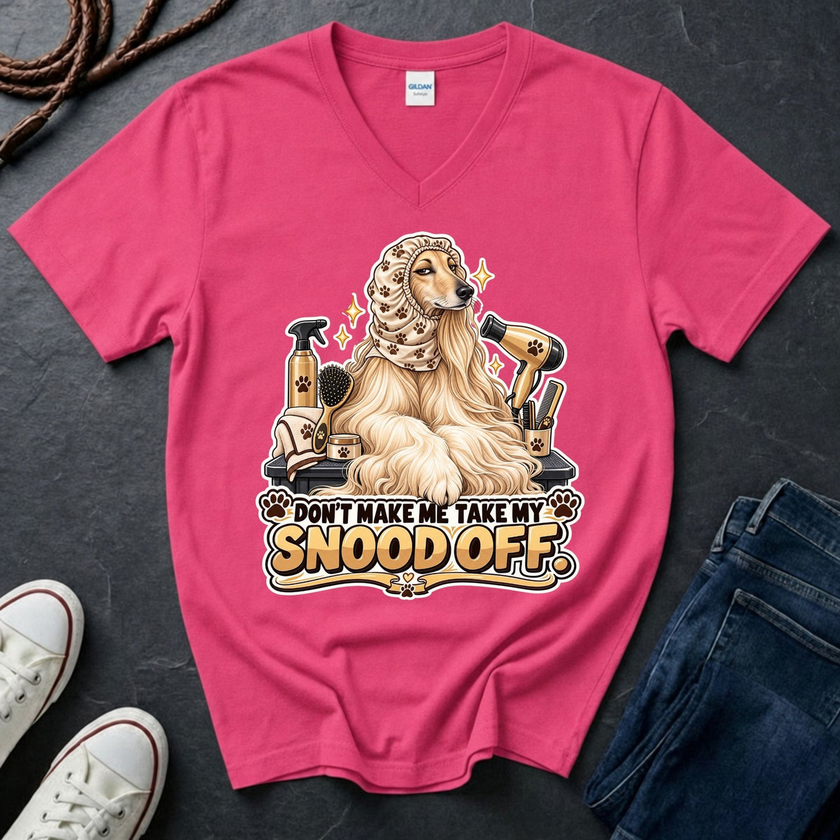 Afghan Hound wearing a grooming snood illustration on "Don't Make Me Take My Snood Off" V-neck t-shirt in heliconia