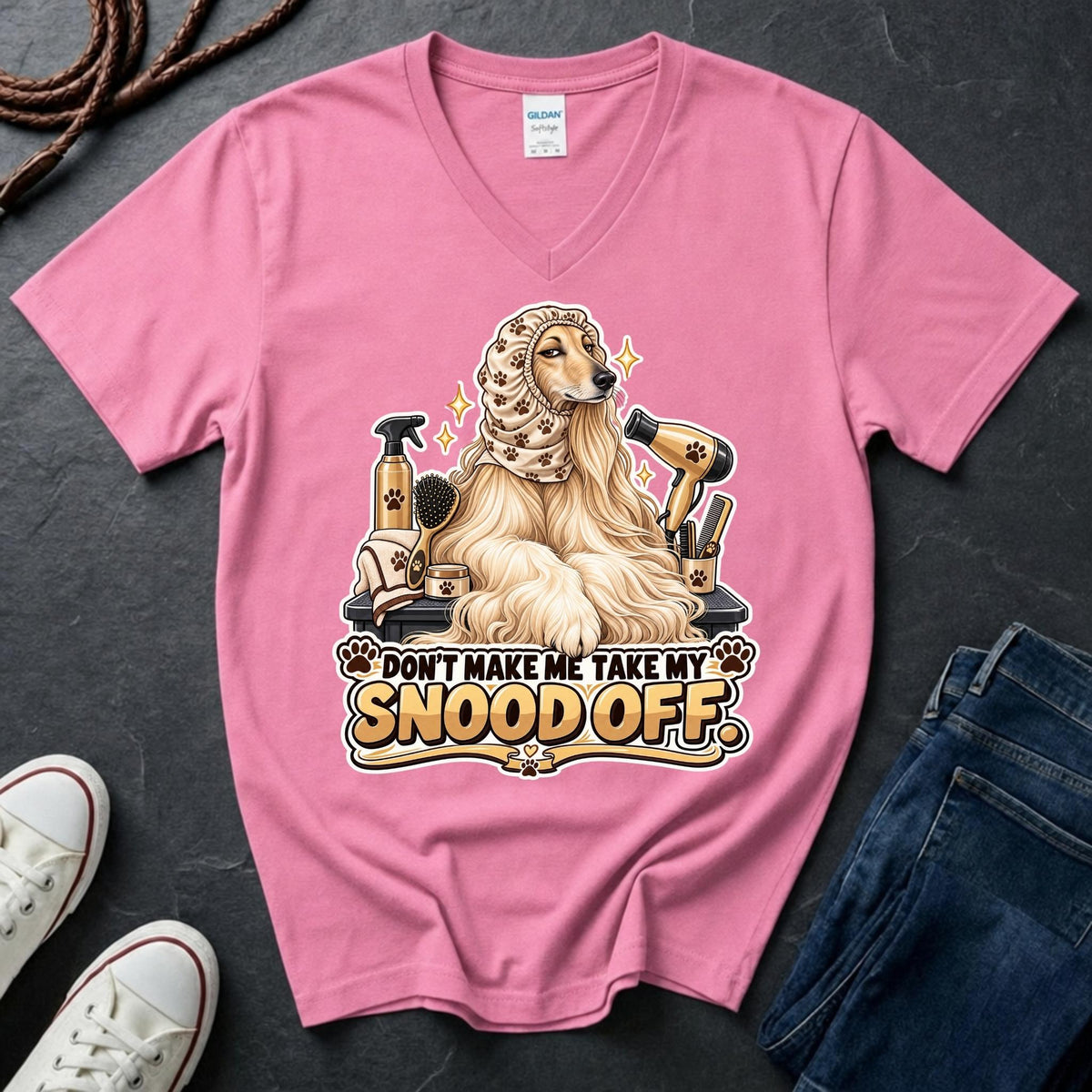 Afghan Hound wearing a grooming snood illustration on "Don't Make Me Take My Snood Off" V-neck t-shirt in Azalea