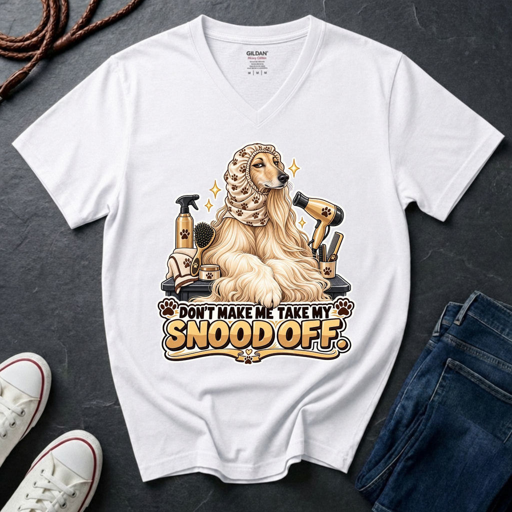Afghan Hound wearing a grooming snood illustration on "Don't Make Me Take My Snood Off" V-neck t-shirt in white