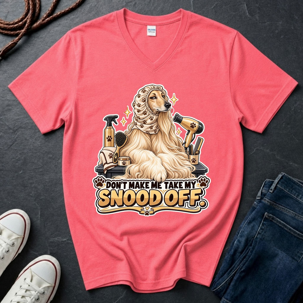 Afghan Hound wearing a grooming snood illustration on "Don't Make Me Take My Snood Off" V-neck t-shirt in Coral Silk