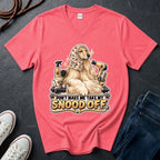 Afghan Hound wearing a grooming snood illustration on "Don't Make Me Take My Snood Off" V-neck t-shirt in Coral Silk