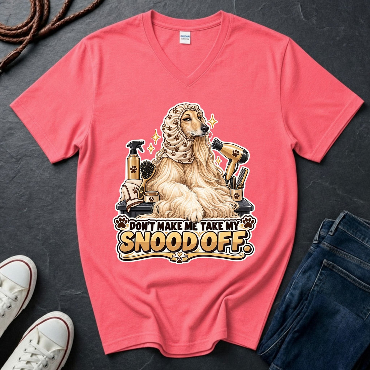 Afghan Hound wearing a grooming snood illustration on "Don't Make Me Take My Snood Off" V-neck t-shirt in Coral Silk
