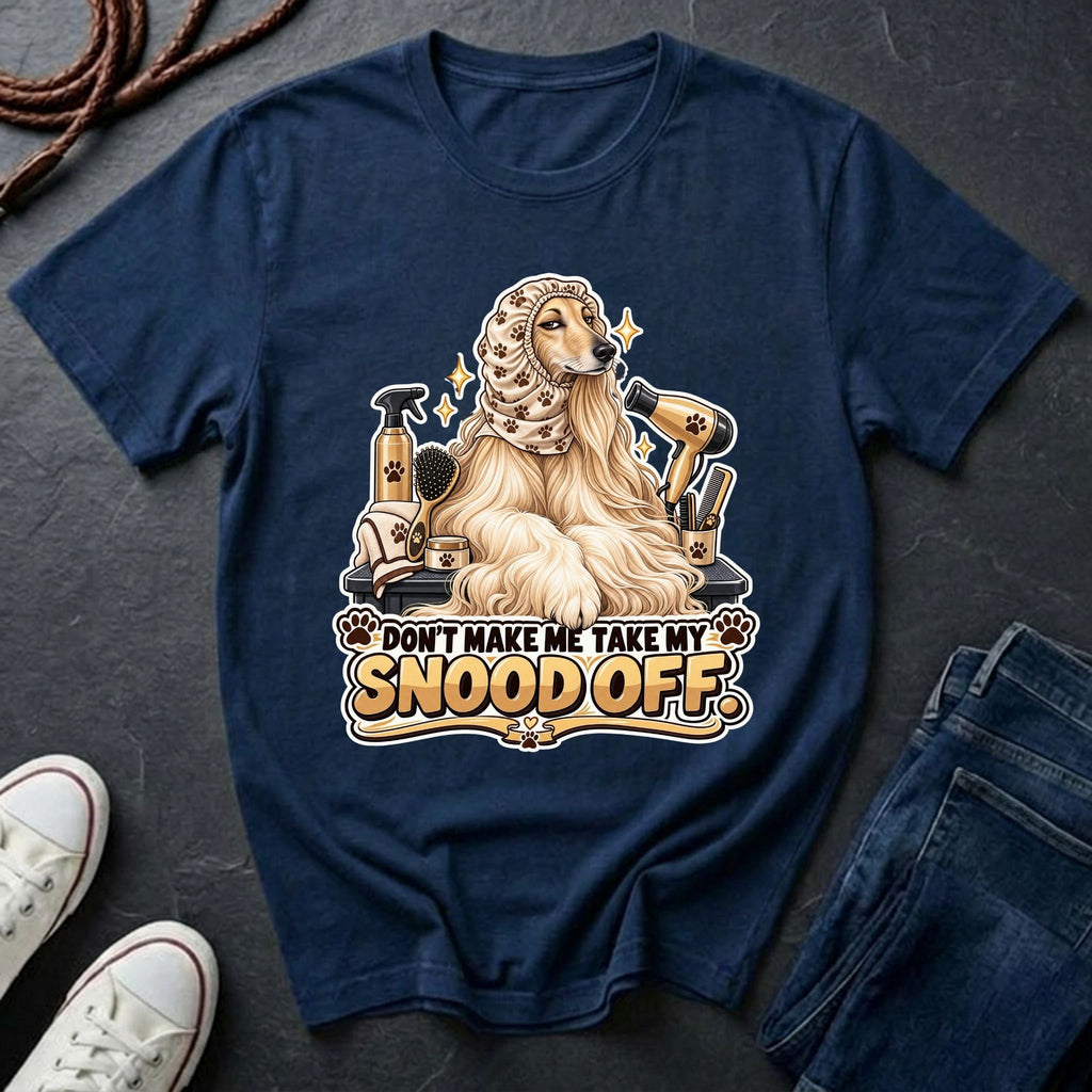 Afghan Hound wearing a grooming snood illustration on "Don't Make Me Take My Snood Off" Comfort Colors t-shirt in navy