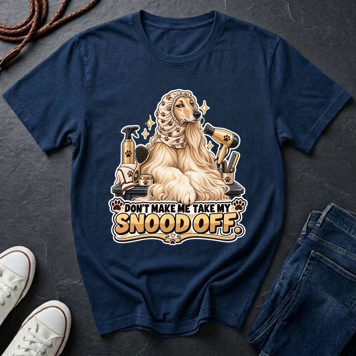 Afghan Hound wearing a grooming snood illustration on "Don't Make Me Take My Snood Off" Comfort Colors t-shirt in navy