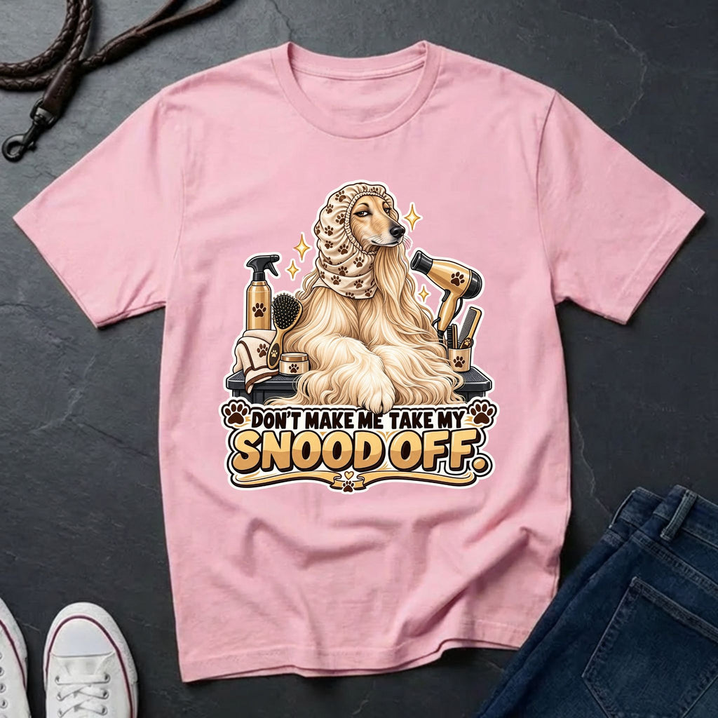 Afghan Hound wearing a grooming snood illustration on "Don't Make Me Take My Snood Off" Comfort Colors t-shirt in blossom
