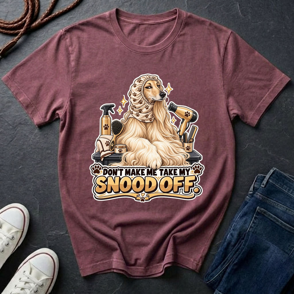 Afghan Hound wearing a grooming snood illustration on "Don't Make Me Take My Snood Off" Comfort Colors t-shirt in berry
