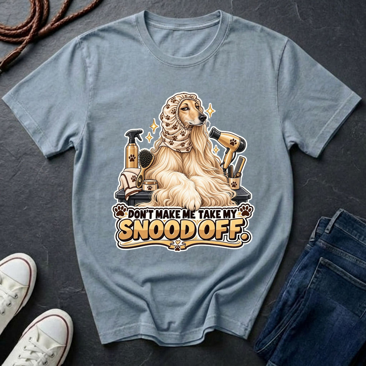 Afghan Hound wearing a grooming snood illustration on "Don't Make Me Take My Snood Off" Comfort Colors t-shirt in chambray