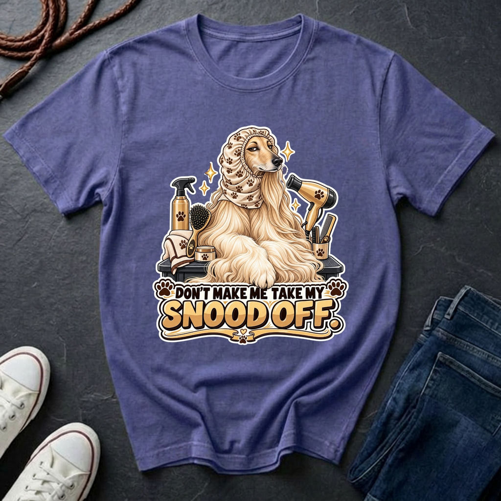 Afghan Hound wearing a grooming snood illustration on "Don't Make Me Take My Snood Off" Comfort Colors t-shirt in violet