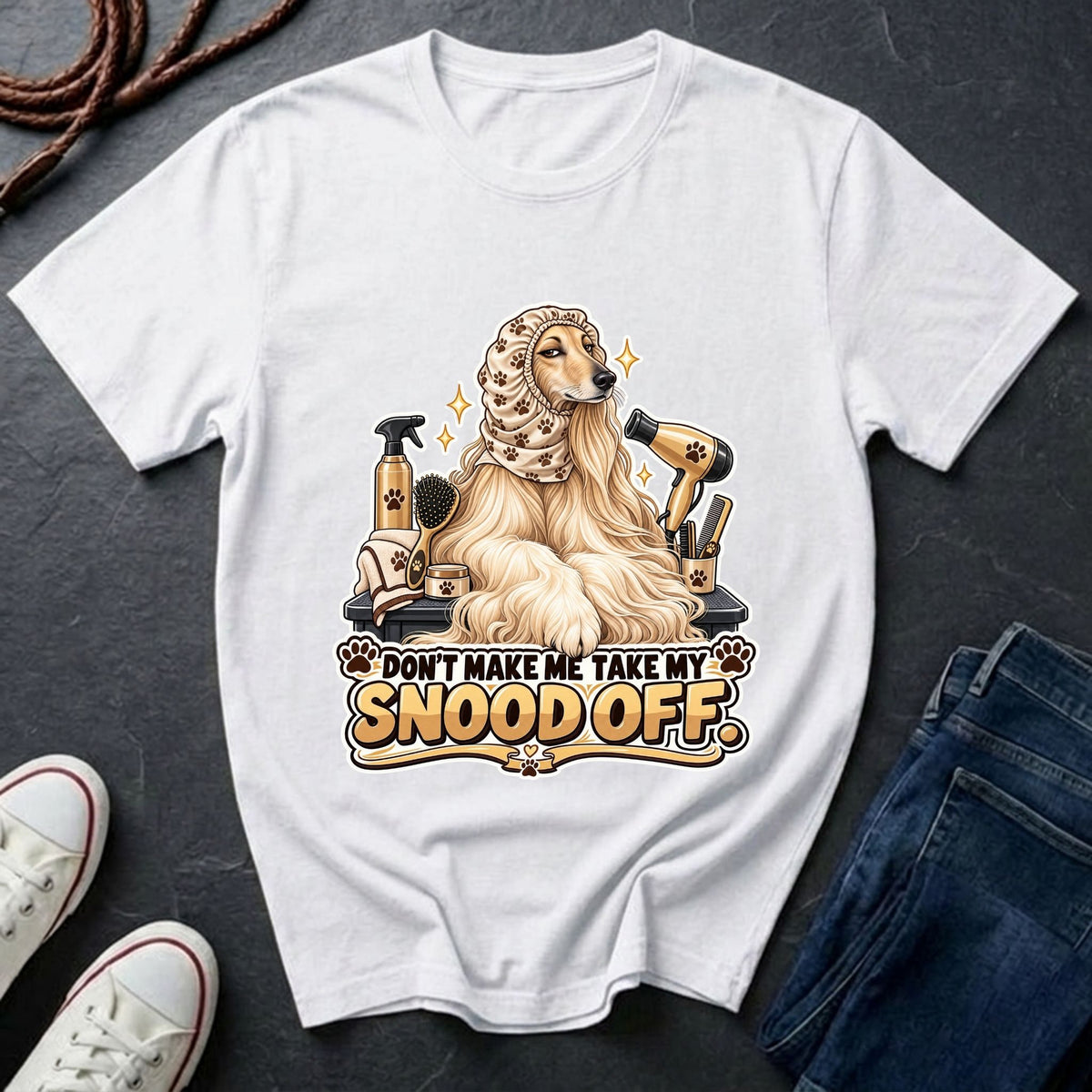 Afghan Hound wearing a grooming snood illustration on "Don't Make Me Take My Snood Off" Comfort Colors t-shirt in white
