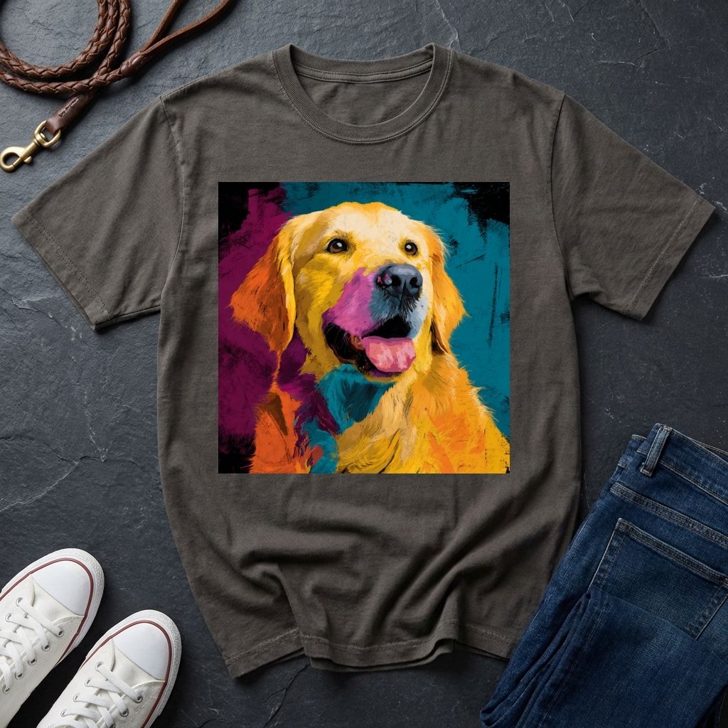 Gray Comfort Colors t-shirt with a colorful dog graphic on a dark surface with shoes and jeans.